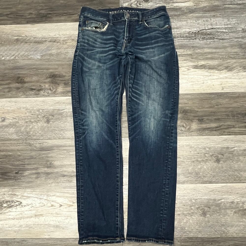 American Eagle Whisker Faded Mid Wash Blue Mens 31x31 Slim Straight Denim Jeans